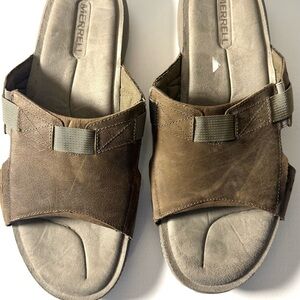 Merrell Men's Brown Leather Slide Sandals with Adjustable Strap